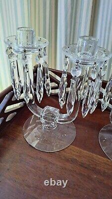 Vintage Glass Candlestick Pair with Bobeches, full set of original glass prisms