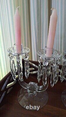 Vintage Glass Candlestick Pair with Bobeches, full set of original glass prisms