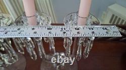 Vintage Glass Candlestick Pair with Bobeches, full set of original glass prisms