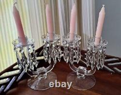 Vintage Glass Candlestick Pair with Bobeches, full set of original glass prisms