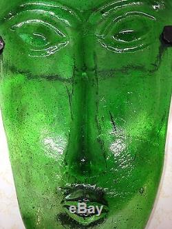 Vintage Green Art Glass Face Mask Backlit Candle Holder Secured with Sturdy Metal