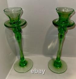 Vintage Green Glass Candlesticks Holders Slim Stem Flared Cups Set of 2 9T