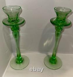Vintage Green Glass Candlesticks Holders Slim Stem Flared Cups Set of 2 9T