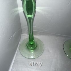 Vintage Green Glass Candlesticks Holders Slim Stem Flared Cups Set of 2 9T