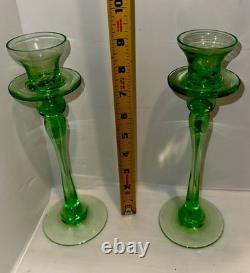 Vintage Green Glass Candlesticks Holders Slim Stem Flared Cups Set of 2 9T