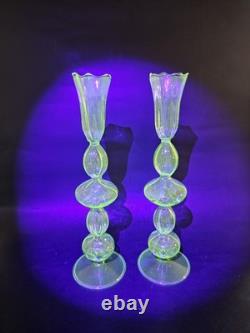 Vintage Green Uranium Glass Candlestick Holders Pair