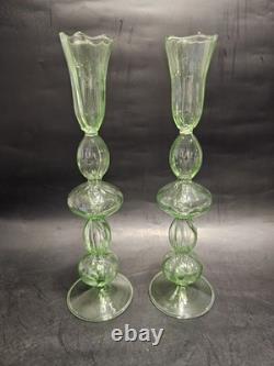 Vintage Green Uranium Glass Candlestick Holders Pair
