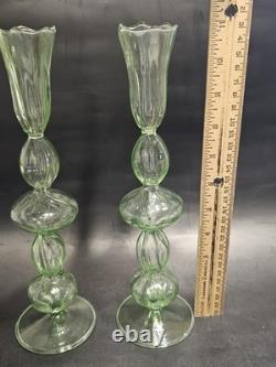 Vintage Green Uranium Glass Candlestick Holders Pair