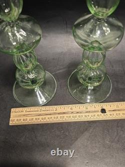 Vintage Green Uranium Glass Candlestick Holders Pair