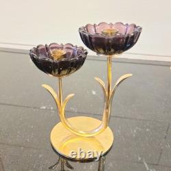 Vintage Gunnar Ander Ystad Metall Brass Candle Holder with Purple Glass Flowers