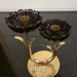 Vintage Gunnar Ander Ystad Metall Brass Candle Holder with Purple Glass Flowers