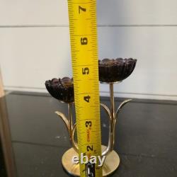 Vintage Gunnar Ander Ystad Metall Brass Candle Holder with Purple Glass Flowers