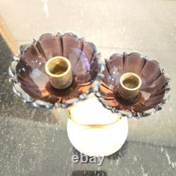 Vintage Gunnar Ander Ystad Metall Brass Candle Holder with Purple Glass Flowers