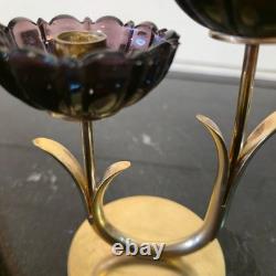 Vintage Gunnar Ander Ystad Metall Brass Candle Holder with Purple Glass Flowers