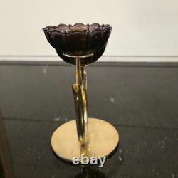 Vintage Gunnar Ander Ystad Metall Brass Candle Holder with Purple Glass Flowers