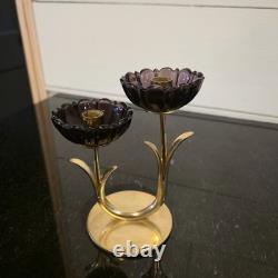 Vintage Gunnar Ander Ystad Metall Brass Candle Holder with Purple Glass Flowers