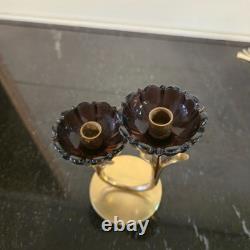 Vintage Gunnar Ander Ystad Metall Brass Candle Holder with Purple Glass Flowers