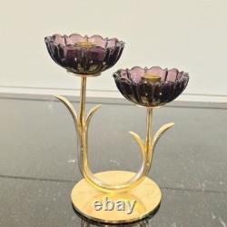 Vintage Gunnar Ander Ystad Metall Brass Candle Holder with Purple Glass Flowers