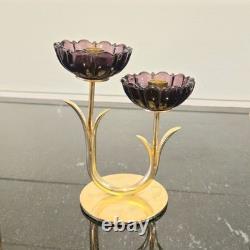 Vintage Gunnar Ander Ystad Metall Brass Candle Holder with Purple Glass Flowers