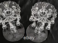 Vintage HEISEY ORCHID Set of 2 Etched GLASS CANDLESTICKS Candle Holders 40-50's