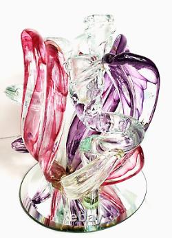 Vintage HTF Hand Blown Art Glass Candle Holder Purple Fusia White Clear preloved