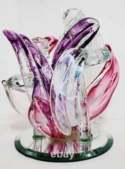 Vintage HTF Hand Blown Art Glass Candle Holder Purple Fusia White Clear preloved
