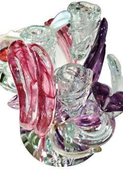 Vintage HTF Hand Blown Art Glass Candle Holder Purple Fusia White Clear preloved
