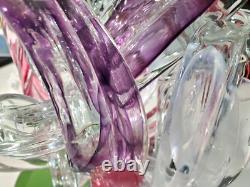 Vintage HTF Hand Blown Art Glass Candle Holder Purple Fusia White Clear preloved