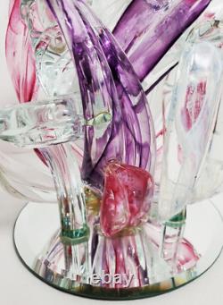 Vintage HTF Hand Blown Art Glass Candle Holder Purple Fusia White Clear preloved