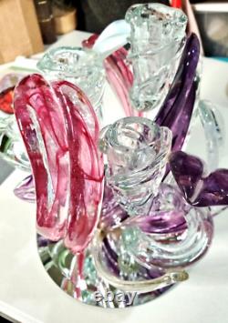 Vintage HTF Hand Blown Art Glass Candle Holder Purple Fusia White Clear preloved