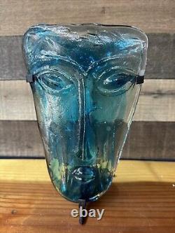 Vintage Handmade Blue Glass Mask Candle Holder 11 Tall with Holder