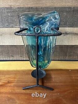 Vintage Handmade Blue Glass Mask Candle Holder 11 Tall with Holder