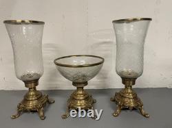 Vintage Heavy Brass and Glass Hurricane Candle Holder (French Style) 3 set