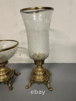 Vintage Heavy Brass and Glass Hurricane Candle Holder (French Style) 3 set