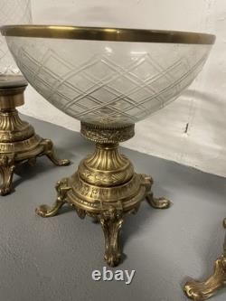 Vintage Heavy Brass and Glass Hurricane Candle Holder (French Style) 3 set