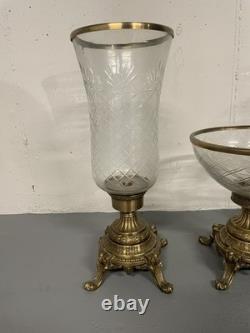 Vintage Heavy Brass and Glass Hurricane Candle Holder (French Style) 3 set