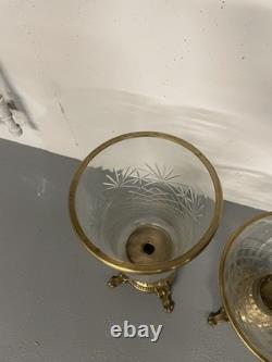 Vintage Heavy Brass and Glass Hurricane Candle Holder (French Style) 3 set