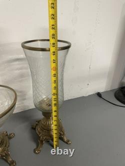 Vintage Heavy Brass and Glass Hurricane Candle Holder (French Style) 3 set