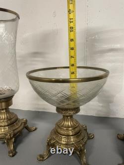 Vintage Heavy Brass and Glass Hurricane Candle Holder (French Style) 3 set