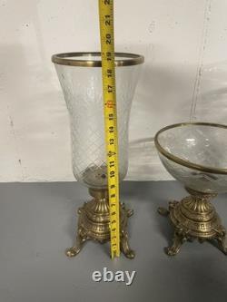 Vintage Heavy Brass and Glass Hurricane Candle Holder (French Style) 3 set