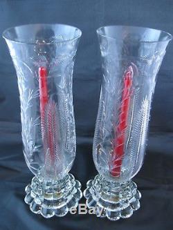 Vintage Heisey Hurricane Candle Holders, Engraved Cut Glass Lamps, Stunning