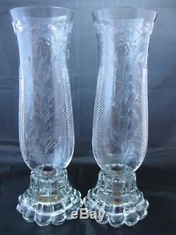 Vintage Heisey Hurricane Candle Holders, Engraved Cut Glass Lamps, Stunning