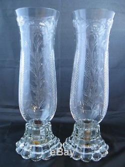 Vintage Heisey Hurricane Candle Holders, Engraved Cut Glass Lamps, Stunning