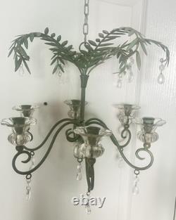 Vintage Hollywood Regency Palm Leaf Chandelier Glass Candle Holders & Prisms