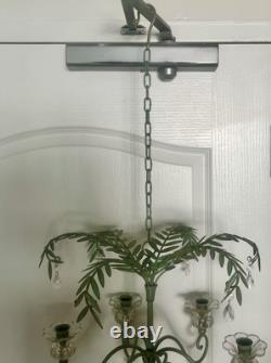 Vintage Hollywood Regency Palm Leaf Chandelier Glass Candle Holders & Prisms