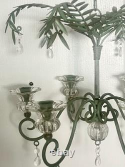 Vintage Hollywood Regency Palm Leaf Chandelier Glass Candle Holders & Prisms