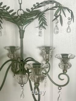 Vintage Hollywood Regency Palm Leaf Chandelier Glass Candle Holders & Prisms