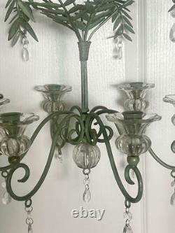 Vintage Hollywood Regency Palm Leaf Chandelier Glass Candle Holders & Prisms