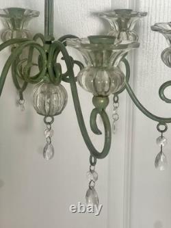 Vintage Hollywood Regency Palm Leaf Chandelier Glass Candle Holders & Prisms