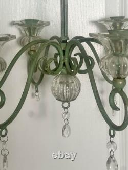 Vintage Hollywood Regency Palm Leaf Chandelier Glass Candle Holders & Prisms